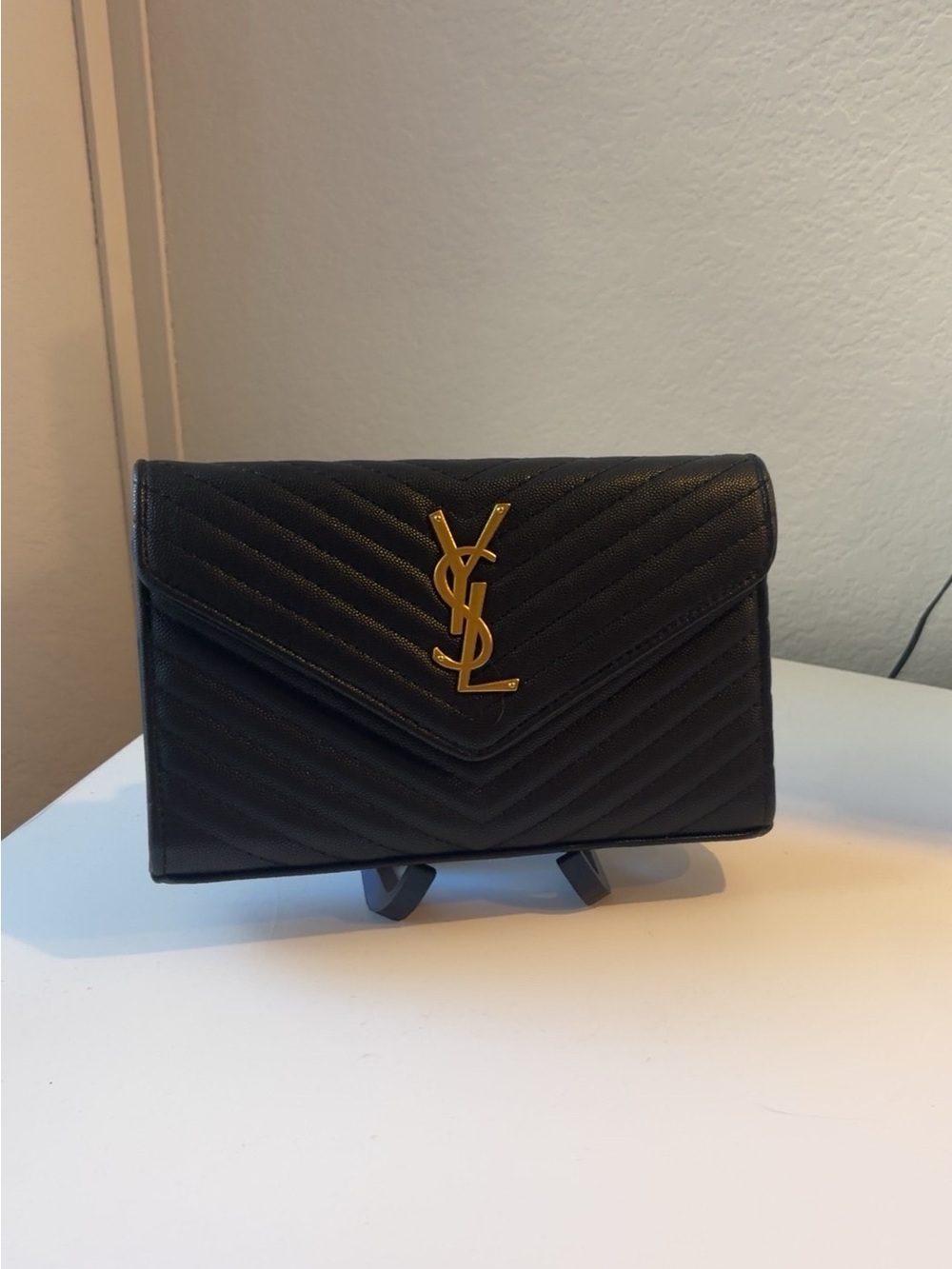 Saint Laurent Black Quilted Leather Crossbody Wallet with Gold YSL
